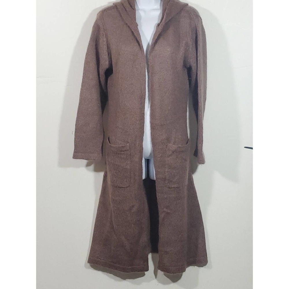 Twiggy M Mohair Open Front Hooded Long Brown Pockets Cardigan Duster Sweater